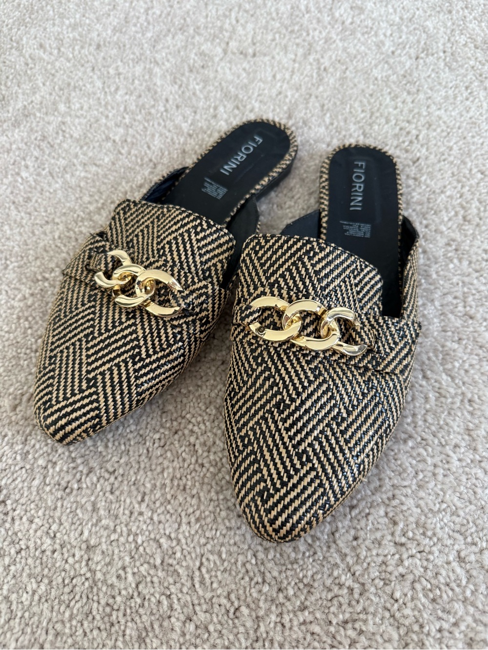 Black and Tan Herringbone Gold Chain-Trim Mule